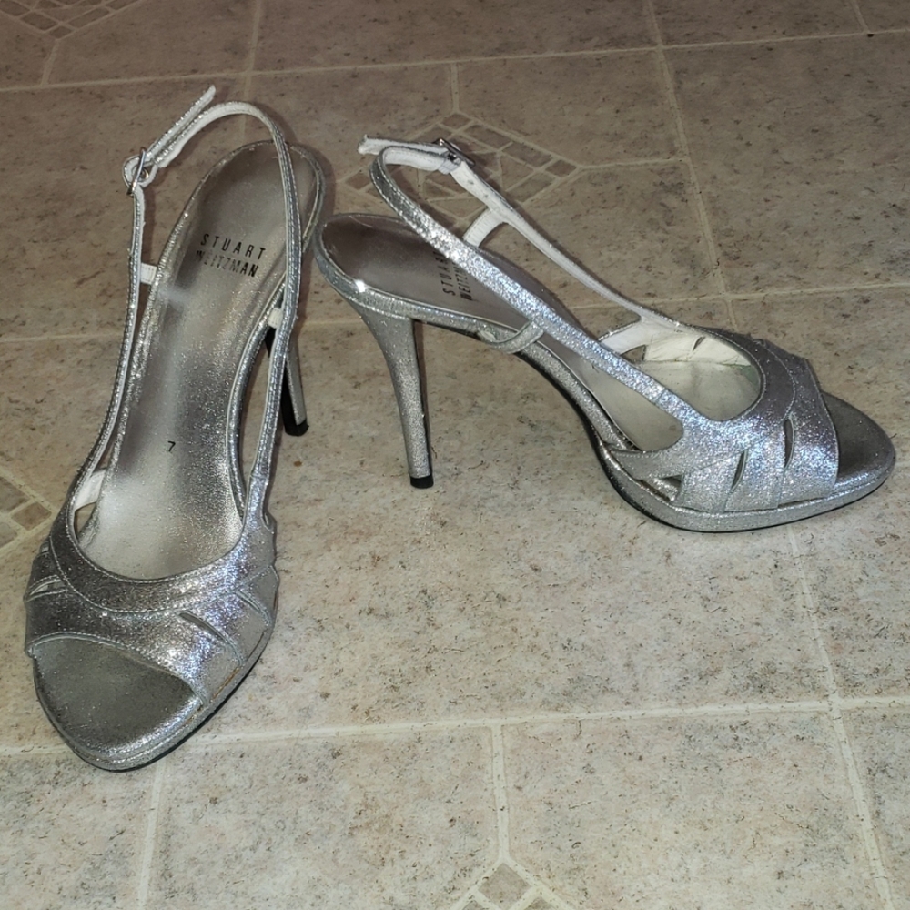 Stuart Weitzman Silver Sparkly Platform Stilettos - image 4
